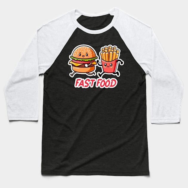 Fast Food Hamburger and French Fries Baseball T-Shirt by Plushism